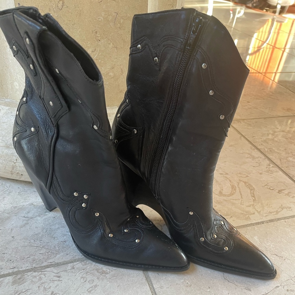 BCBG genuine leather, Western-ish, wedge boots with silver studs. (3+ inch heel.